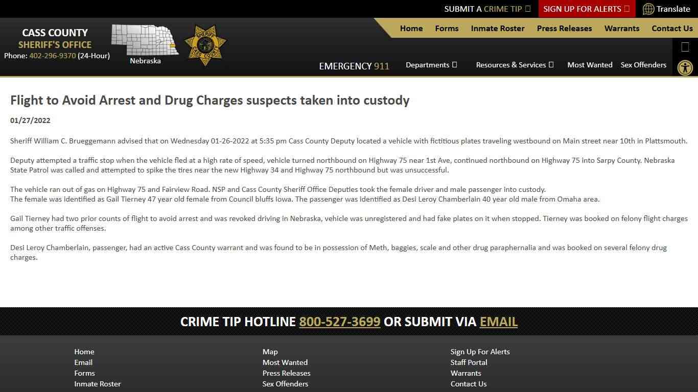 Flight to Avoid Arrest and Drug Charges suspects taken into custody (01/27/2022) - Press Releases - Cass County NE Sheriff's Office