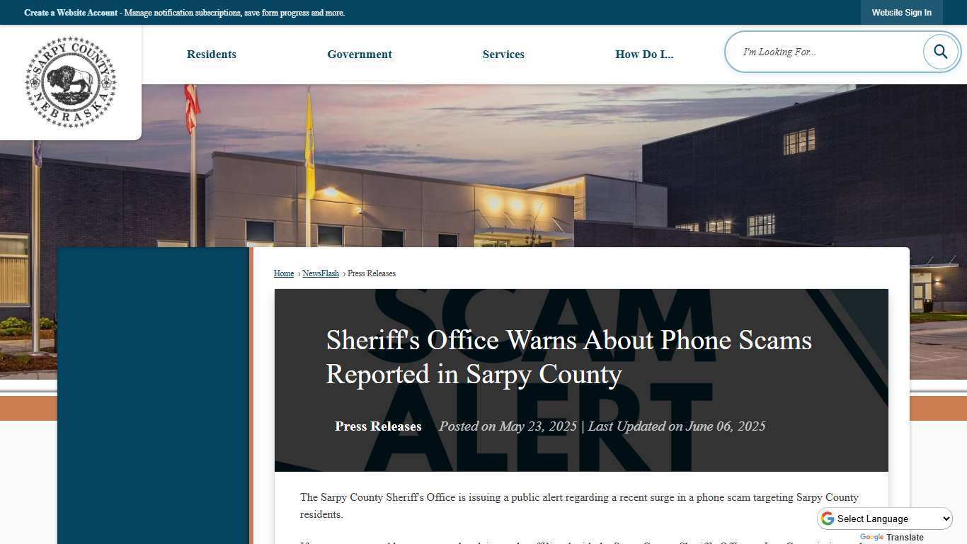 Sheriff's Office Warns About Phone Scams Reported in Sarpy County • Sarpy County, NE